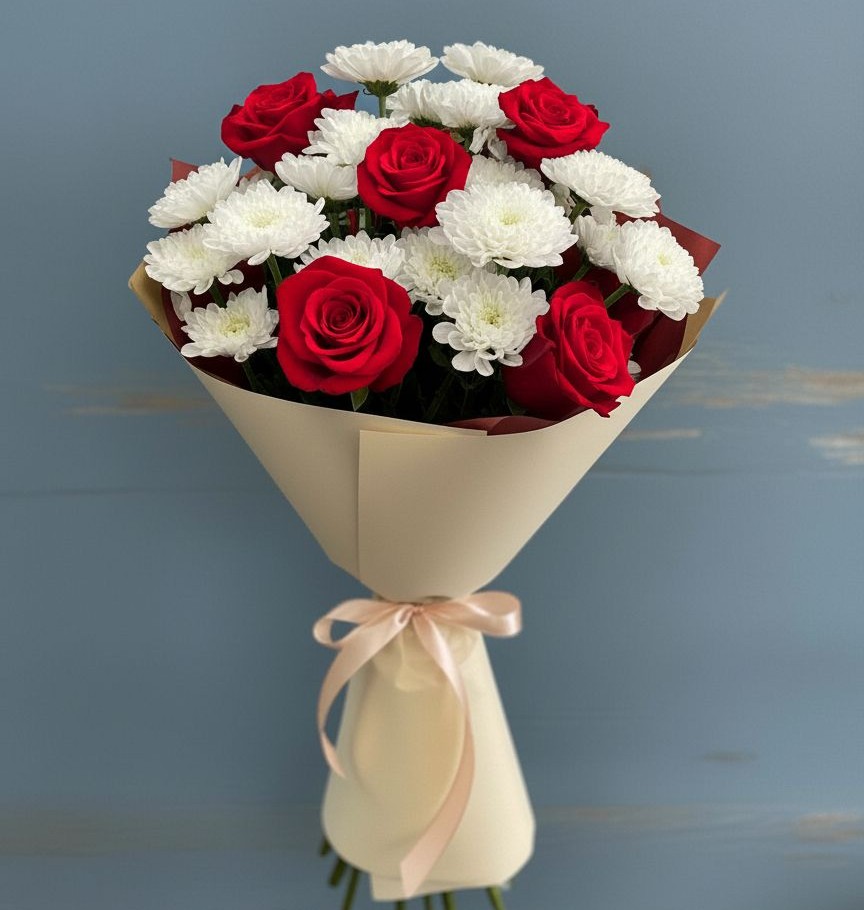 Букет цветов из: Розы и Хризантемы в Калининской Краснодарского края