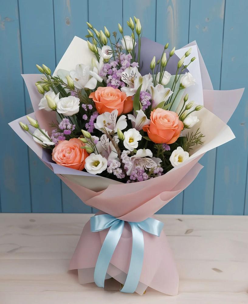 Букет цветов из: Лизиантусы, Розы, Альстромерии и Гипсофила в Калининской Краснодарского края