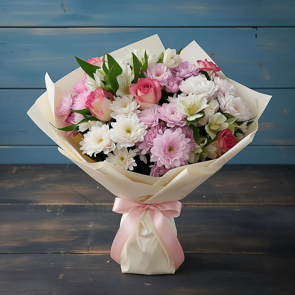 Букет цветов из: Хризантемы, Альстромерии и Розы в Калининской Краснодарского края